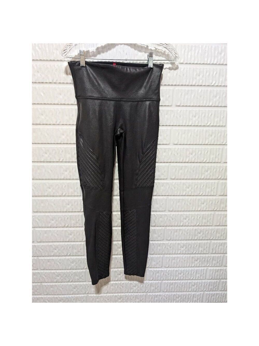 Spanx Women's Black Solid Mid-Rise Faux Leather Leggings Size L